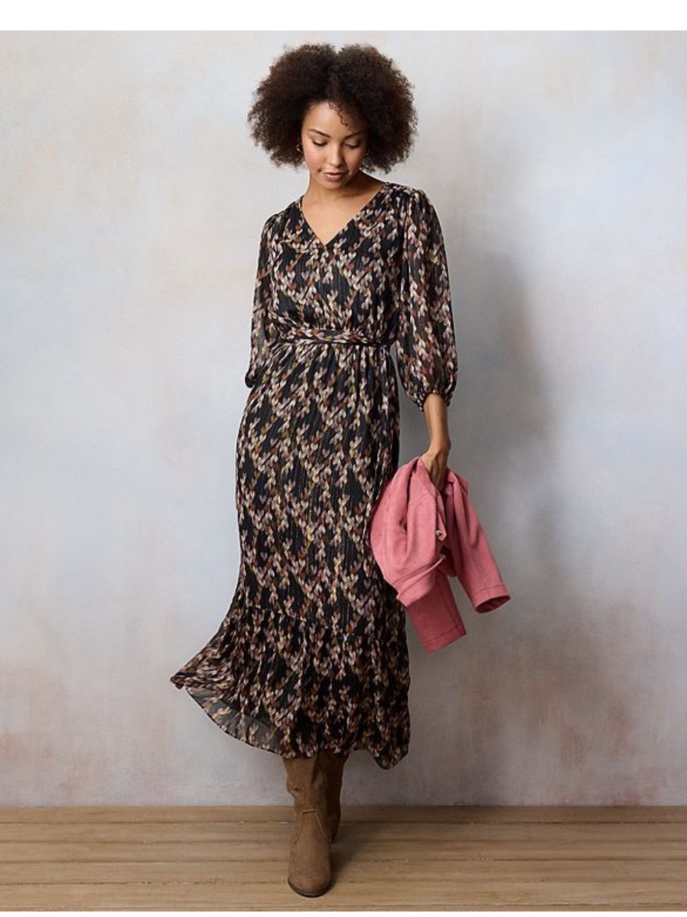 LC Lauren Conrad flowy Yoryu Black gold shimmer 3/4 puff sleeve maxi dress